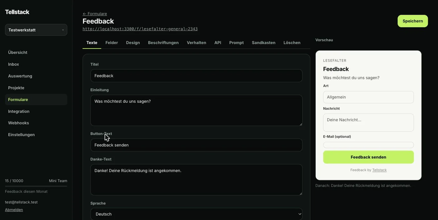 Der Formular-Editor mit Live-Vorschau: links die Einstellungen, rechts das fertige Formular