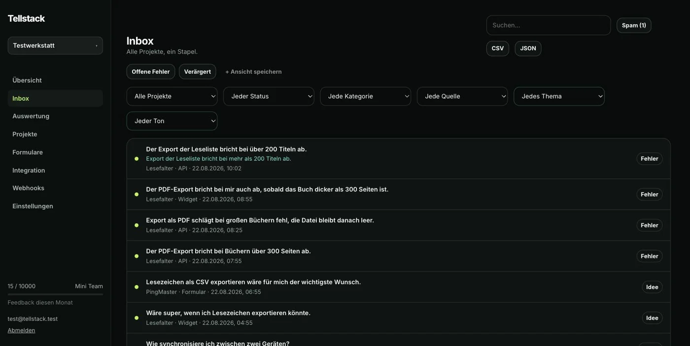 Die Inbox von Tellstack: Rückmeldungen aus mehreren Projekten in einer Liste, mit Filtern und Export