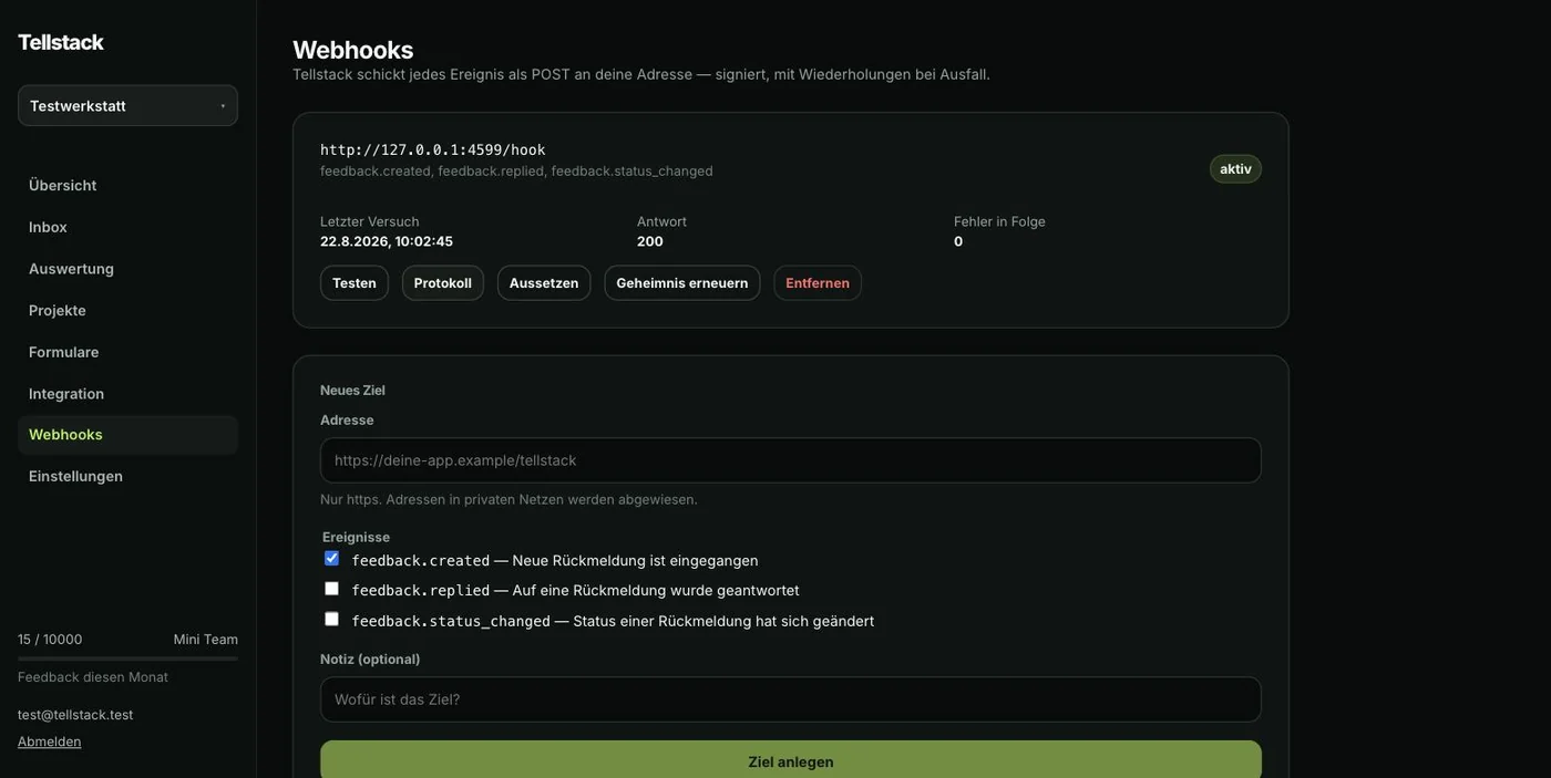 Die Webhook-Seite: Ziel mit Ereignissen, letzter Antwortcode und Zustellprotokoll
